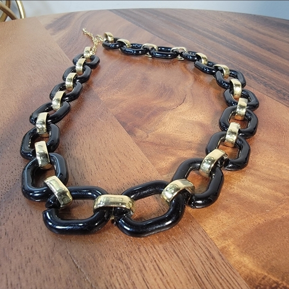 Black and Gold Tone Chain Link Necklace Classic Statement Chunky Resin - Picture 11 of 16